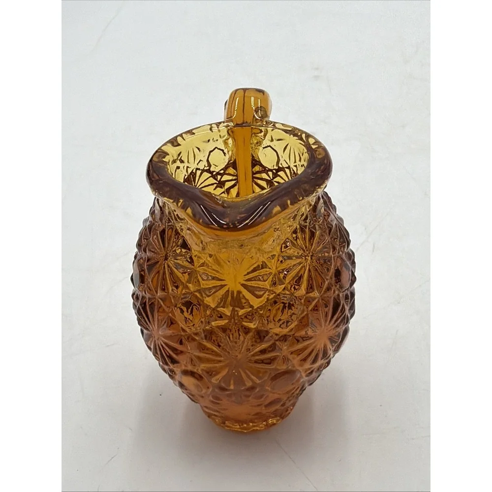 Vintage LE Smith Daisy & Button Amber Glass Miniature Pitcher / Toothpick Holder